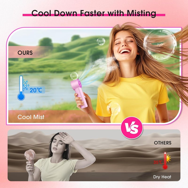 Ausic Portable Handheld Misting Fan, Pink Turbo Fans with Mist, High-Speed, Personal Small Water Spray Fan, Outdoor Cooling Rechargeable Battery Pocket Fans for Kids/Travel/Makeup/Shopping - Image 2